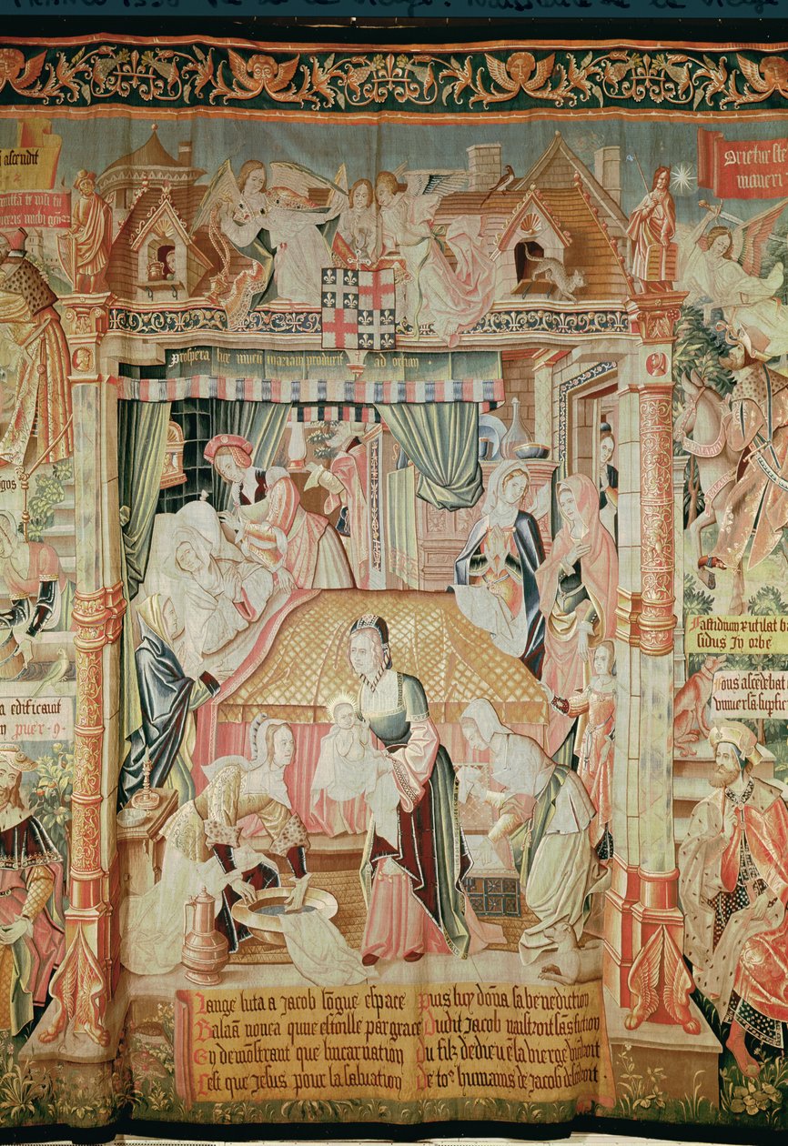 Jomfruens fødsel, fra scener fra Jomfruens liv, sentralpanel, 1530 (se også 61162-3 og 61165) av Unknown