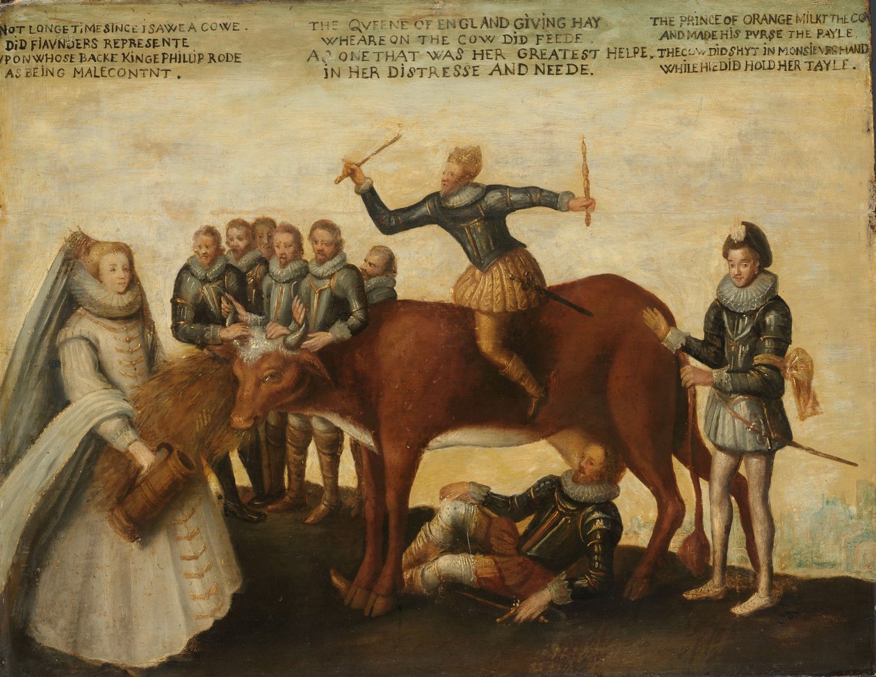 The Dairy Cow: De nederlandske provinsene, som gjør opprør mot den spanske kongen Philip II, ledes av prins William av Orange, Statens general ber dronning Elizabeth I om hjelp, ca. 1633-39 av Unknown