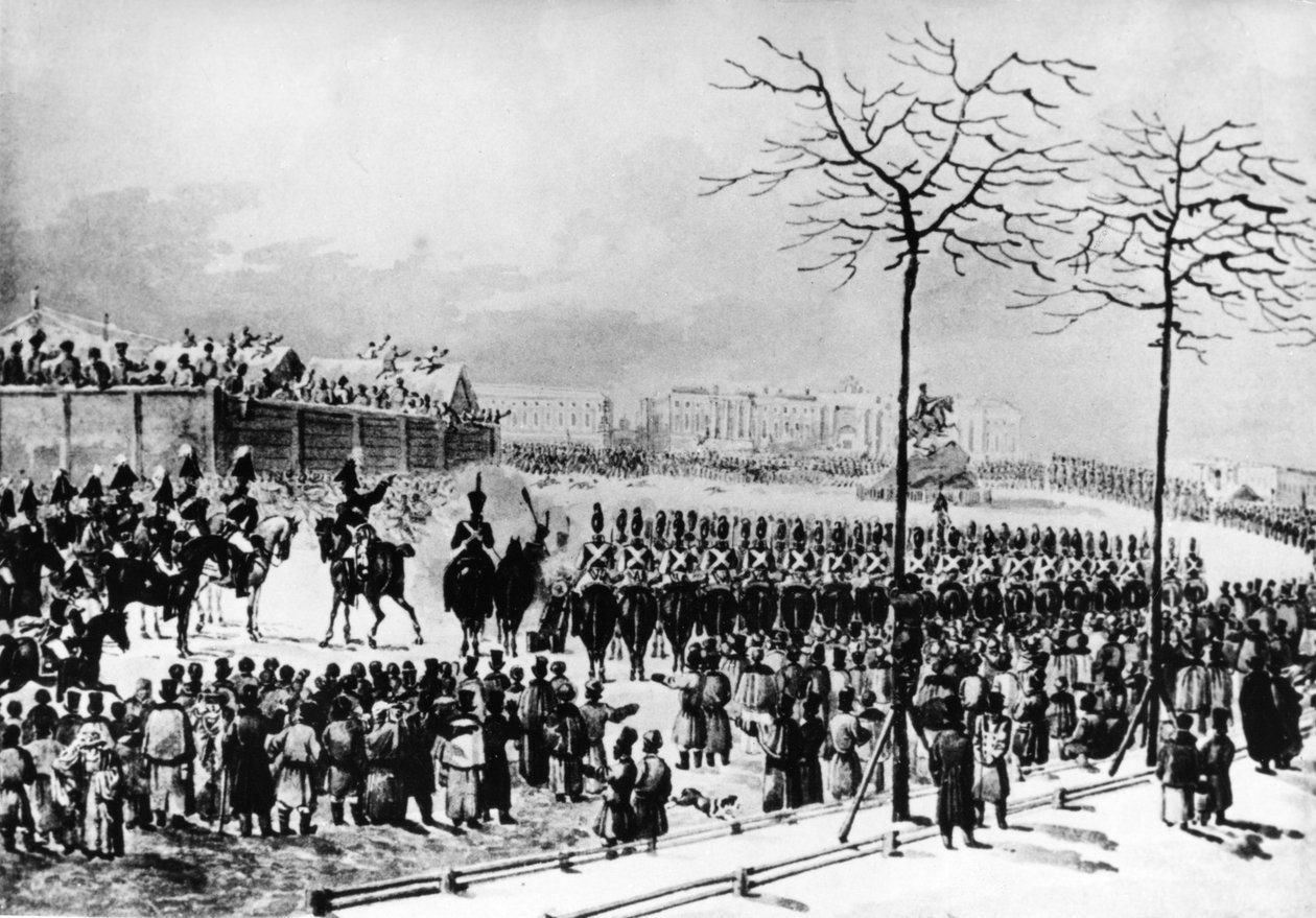 Decembrist-opprøret, 1825, Senatsplassen, St. Petersburg, Russland, Tsar Nicholas I beordrer kanoner avfyrt mot opprørerne, 14. desember 1825, fra en gammel akvarell av K, Kolman. av Unknown