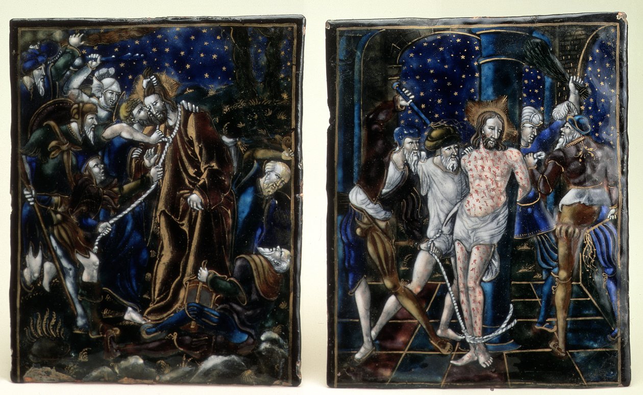 The Kiss of Judas and The Flagellation of Christ: to emaljerte plaketter fra Passion of Our Lord-serien, Limoges, midten av 1500-tallet av Unknown