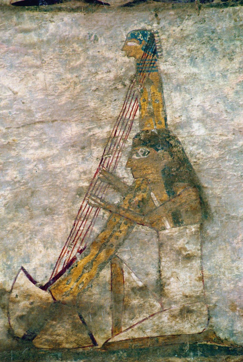 Kvinne som spiller en buet harpe, detalj fra et gravmaleri, egyptisk, Old to Middle Kingdom (malt kalkstein) av Unknown