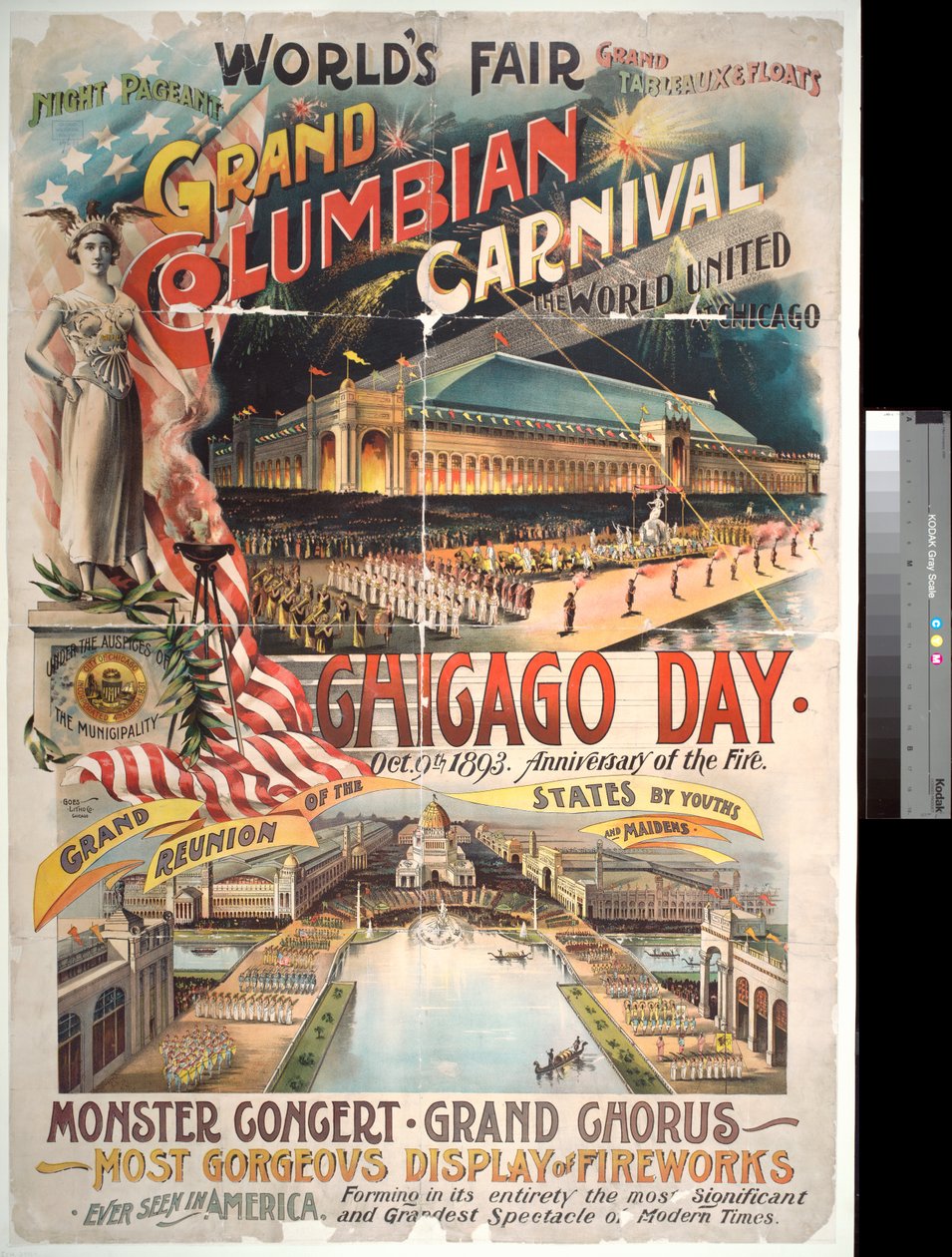 Bredsidereklame Chicago Day på Worlds Columbian Exposition til minne om Chicago Fire i 1871, 1893 av American Photographer