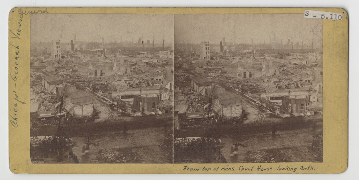 Stereograf av utsikten fra toppen av tinghusruinene, ser nordover, etter Chicago-brannen i 1871 av American Photographer