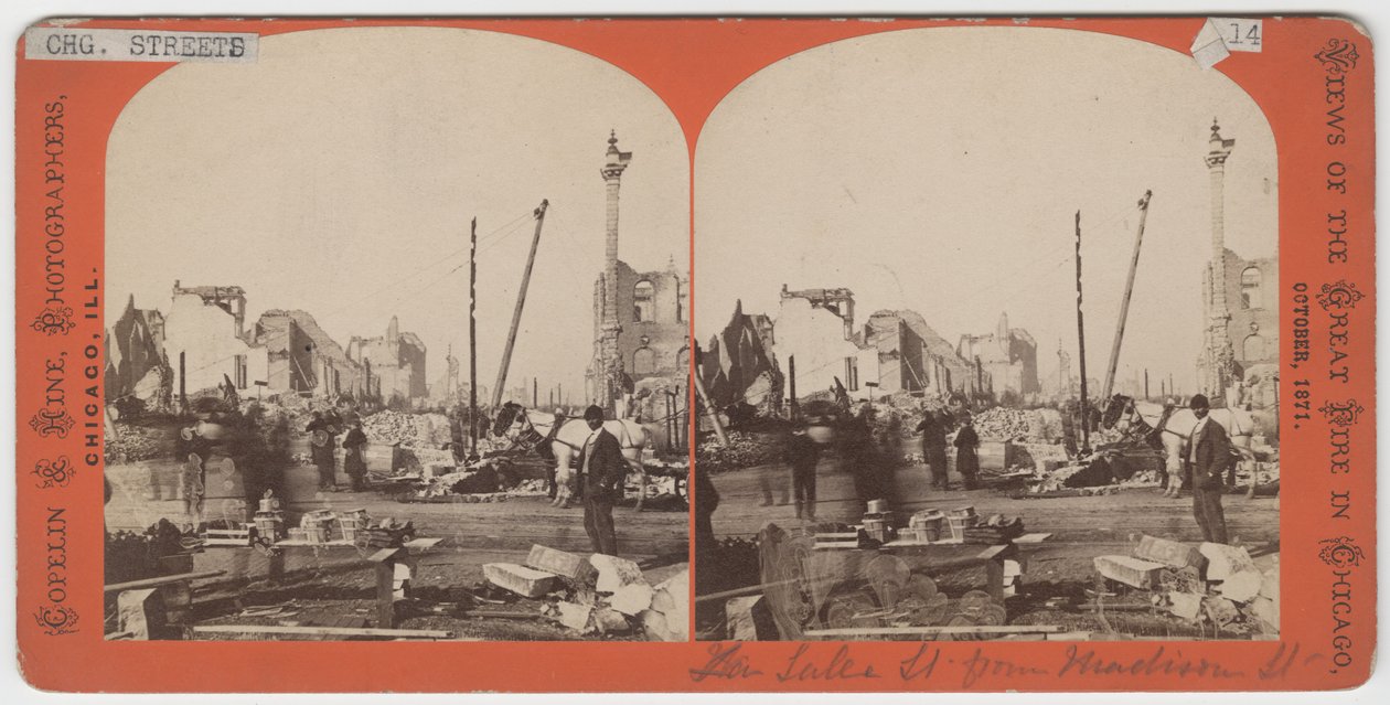 Stereograf av utsikt over Lake St. fra Madison St. etter Chicago-brannen i 1871 av American Photographer