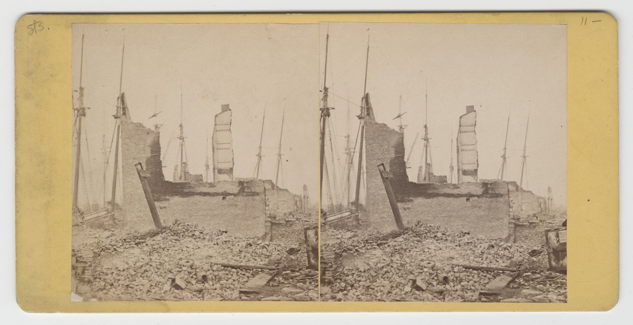 Stereograf av utsikten over South Water St., mellom Clark og Wells, etter Chicago-brannen i 1871 av American Photographer