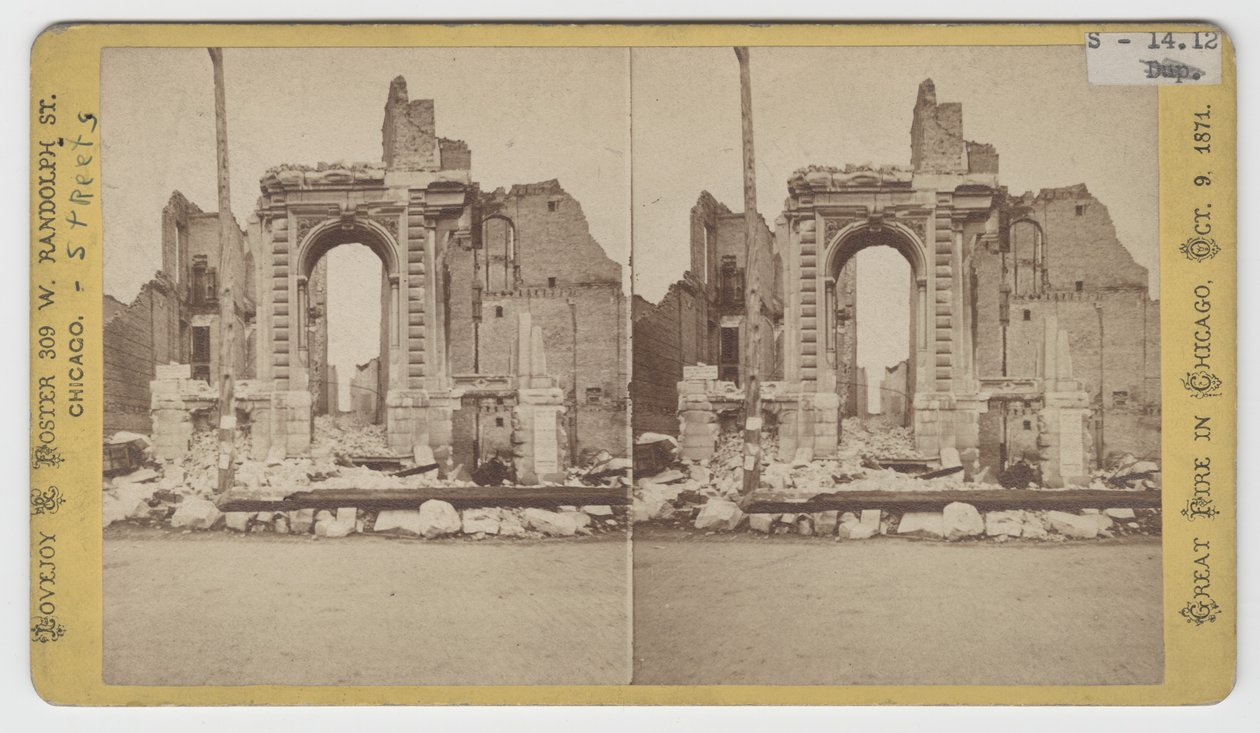 Stereograf av utsikt over ruinene på Washington Street etter Chicago-brannen i 1871 av American Photographer