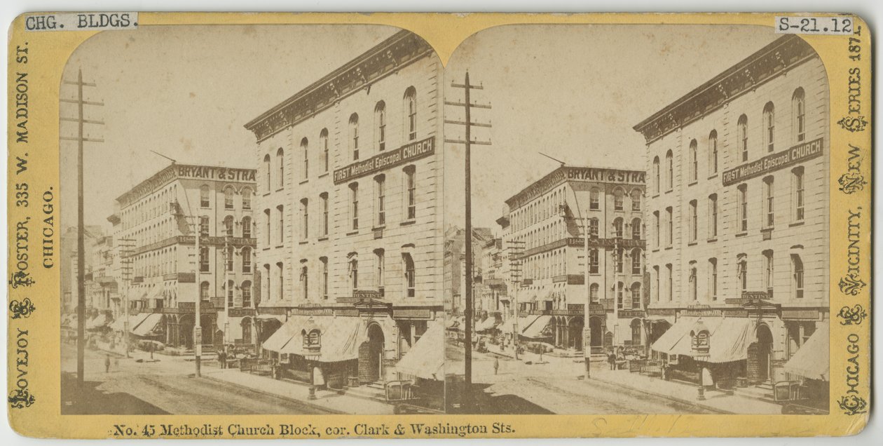 Stereograf av visningen av Methodist Church Block på hjørnet av Clark og Washington Streets, Chicago, 1871 (bw-bilde på kortfeste) av American Photographer