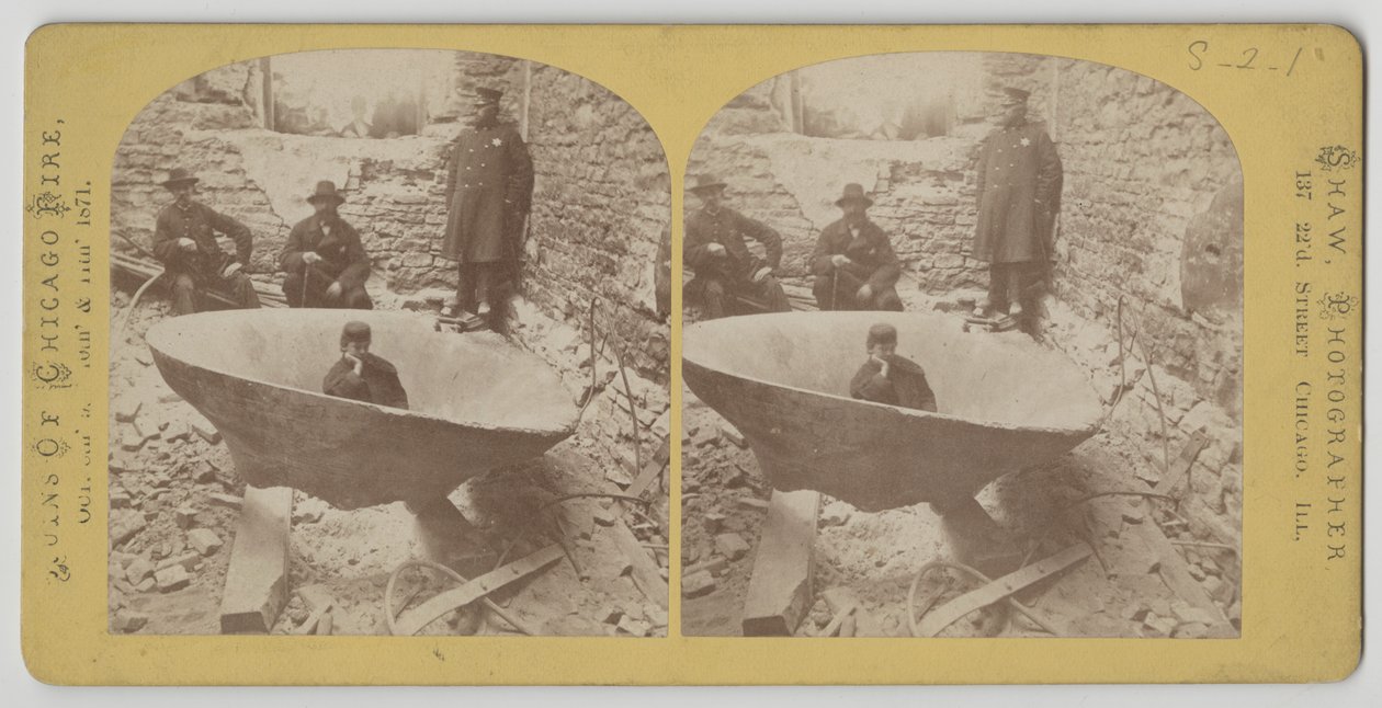 Stereografisk utsikt over rettshusets klokke etter Chicago-brannen i 1871 av American Photographer