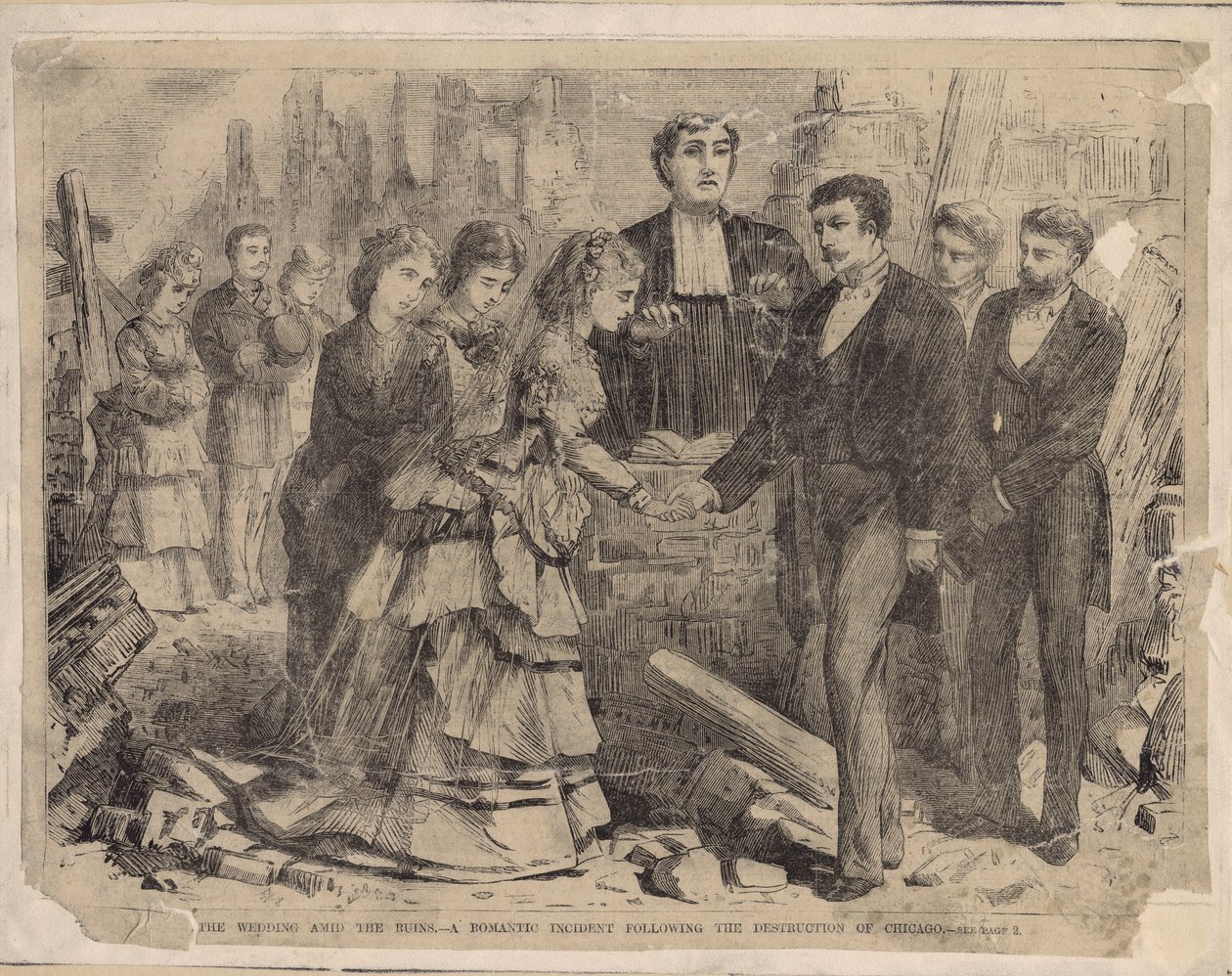 A Wedding Amid the Ruins - En romantisk hendelse etter ødeleggelsen av Chicago, illustrasjon fra Harpers Weekly, 1871 av American School