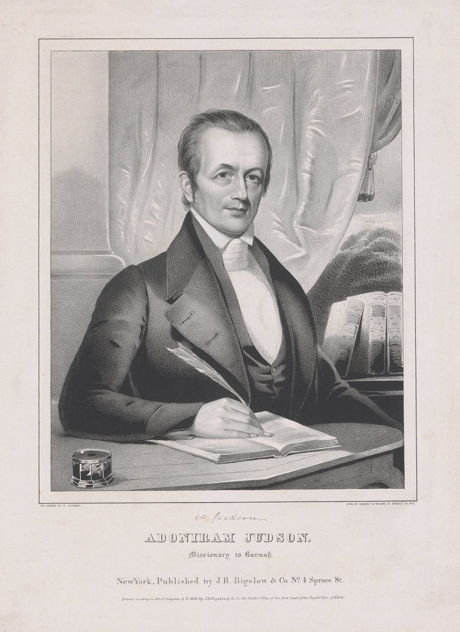 Adoniram Judson (1788 - 1850), misjonær til Burmah, pub. 1846 av American School