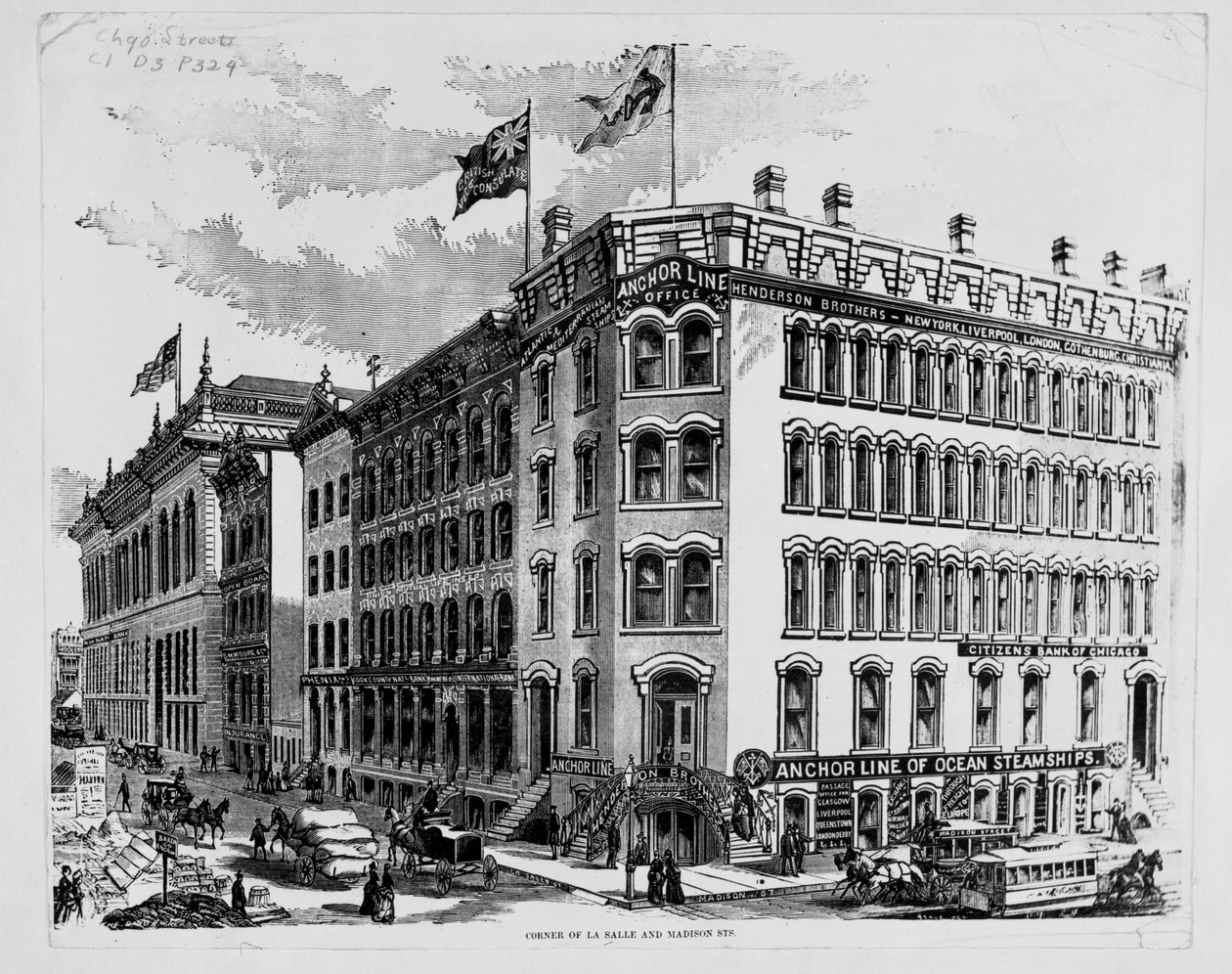 Anchor Line-kontor på hjørnet av LaSalle og Madison Street, Chicago, ca. 1875 (tregravering) av American School