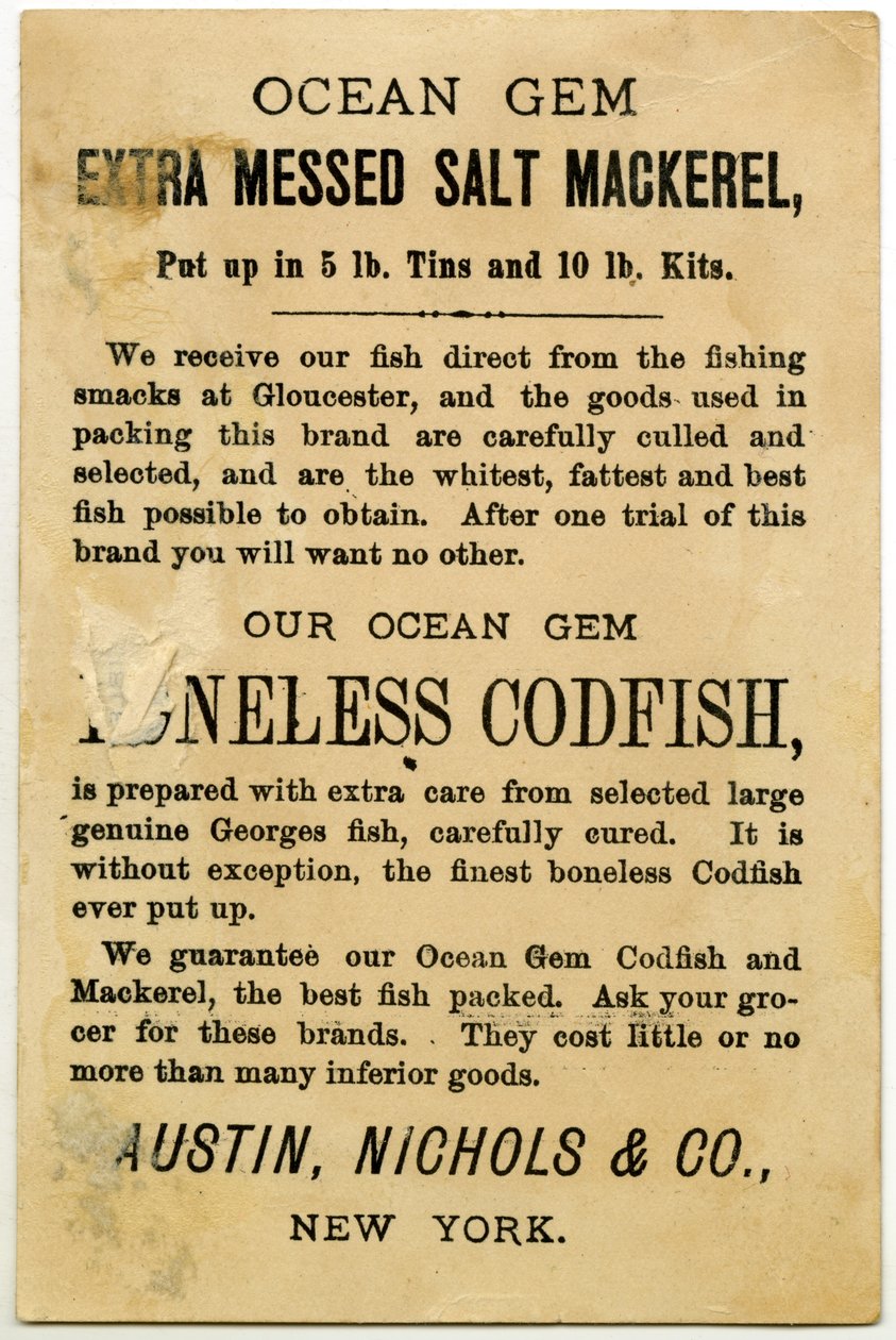 Austin, Nichols & Co. Ocean Gem Makrell, byttekort verso. (litografi [varekort]) av American School