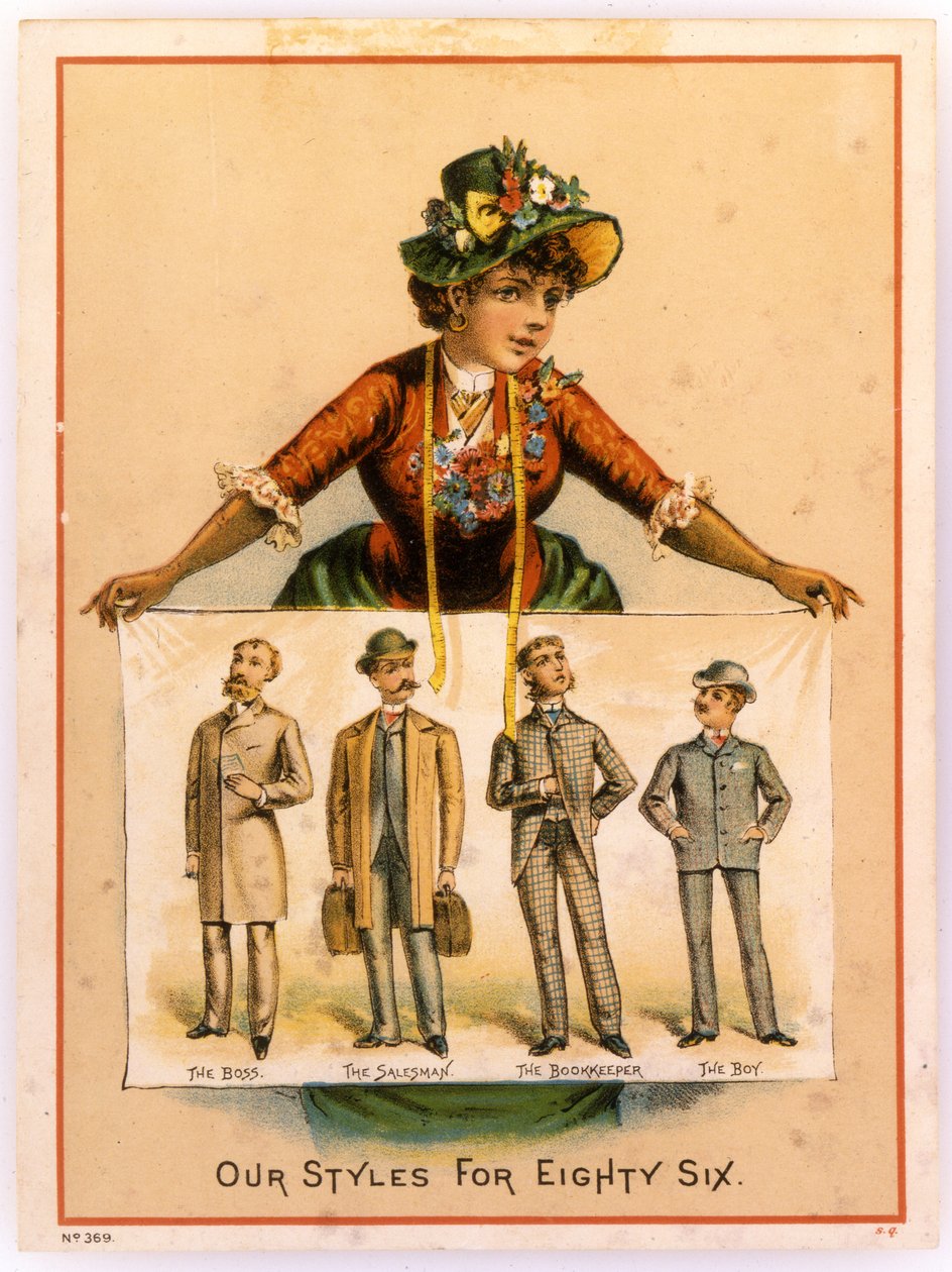 B. Rydill, Our Styles for Eighty Six: The Boss, The Salesman, The Bookkeeper, The Boy, 1886 (litografi [varekort]) av American School