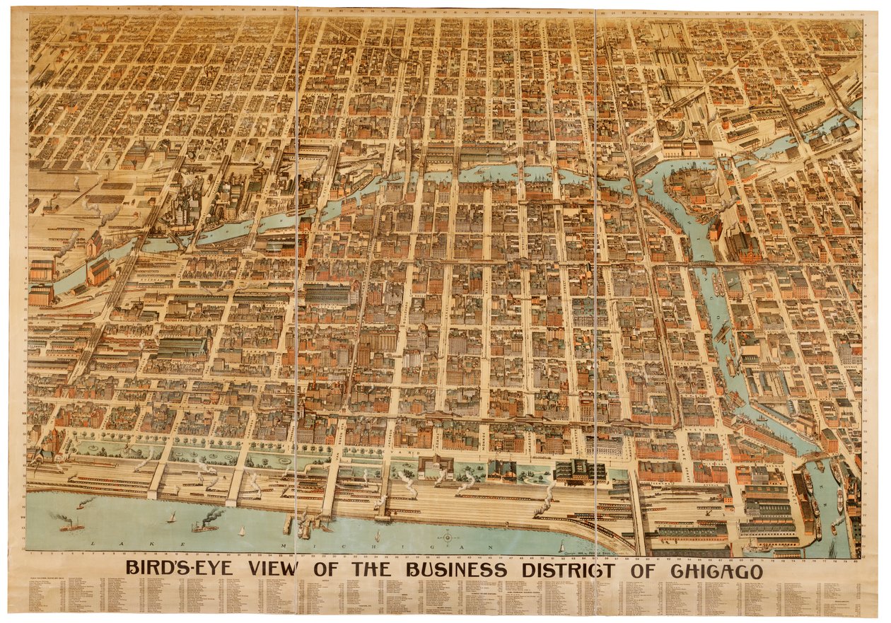 Fugleperspektiv av forretningsdistriktet i Chicago, 1898 av American School