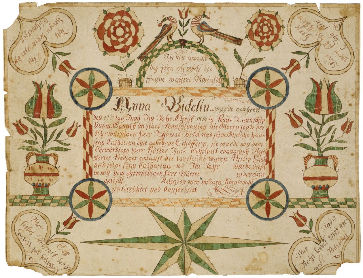 Fødselsattest, c. 1820-1830 (blekk og akvarell på vevd papir) av American School