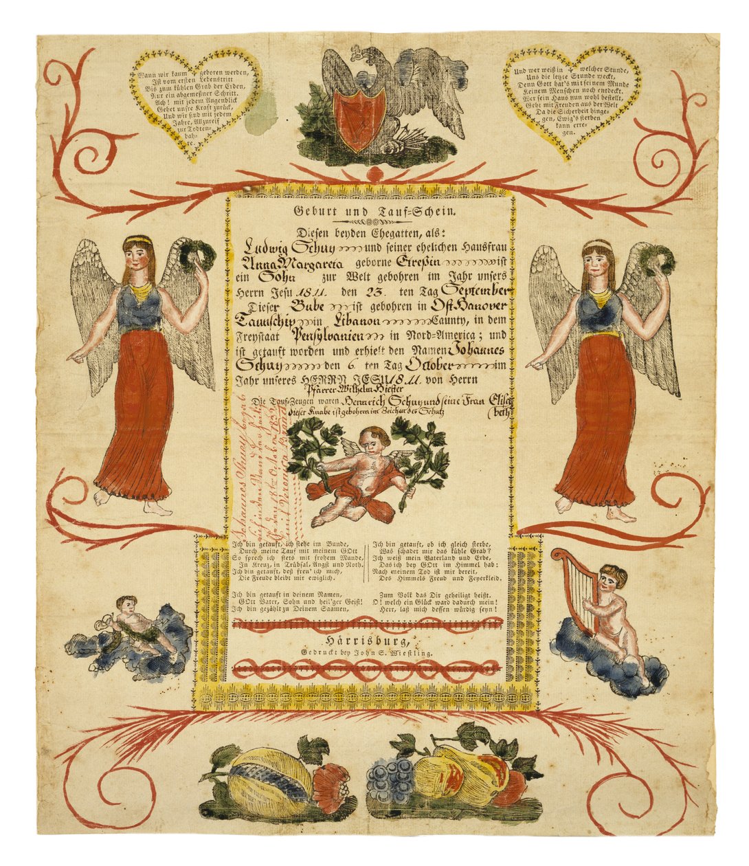 Fødsels- og dåpsattest, ca. 1828 (håndfarget tregravering på lagt papir) av American School