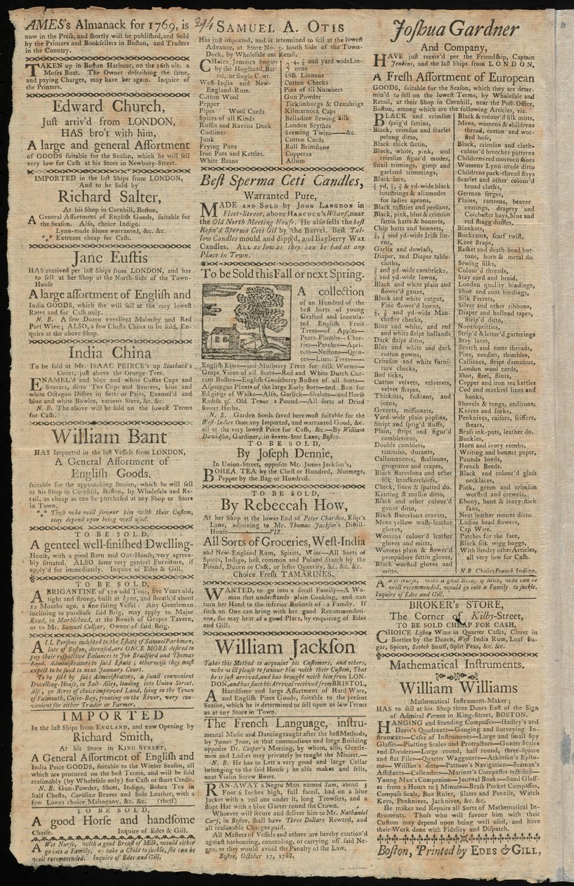 Boston-annonser for varer som er underlagt importavgifter og handelsrestriksjoner, fra Boston Gazette and Country Journal, 7. november 1768 av American School