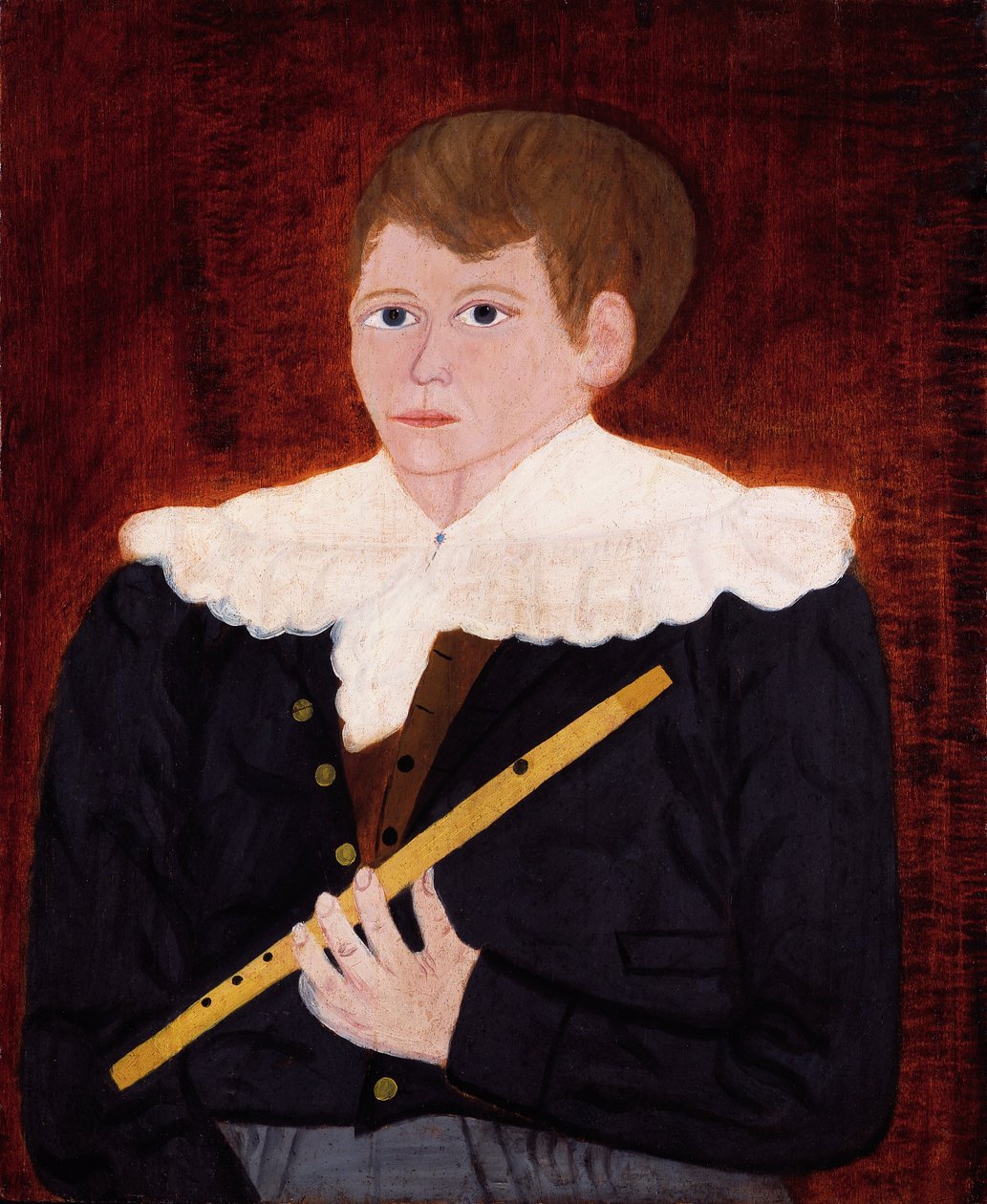 Gutt med fløyte, ca. 1820 (olje på trepanel) av American School