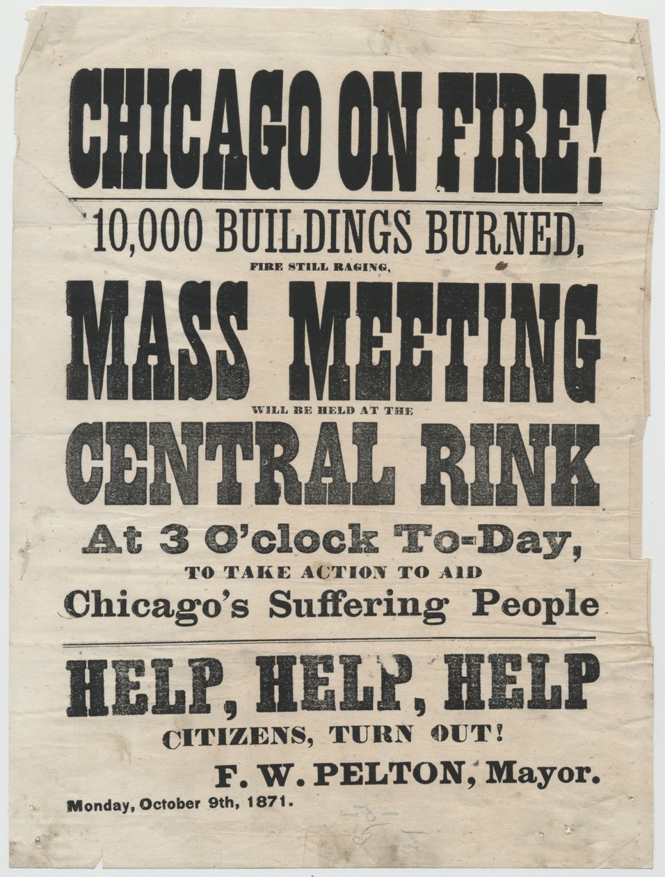 Bredsidereklamemøte i Cleveland, Ohio, for å hjelpe ofrene for Chicago-brannen i 1871, 1871 av American School