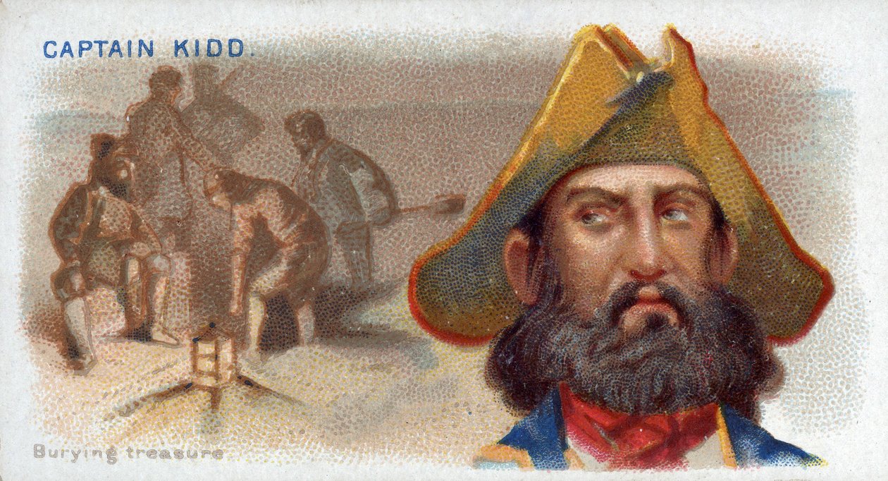 Sigarettkort Captain Kidd, Burying Treasure, fra Pirates of the Spanish Main-serien (N19), pub. 1888 av American School