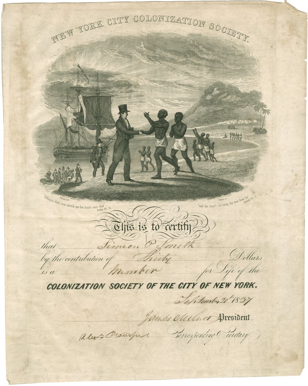 Colonization Society Certificate for Simeon P. Smith, 1837 av American School