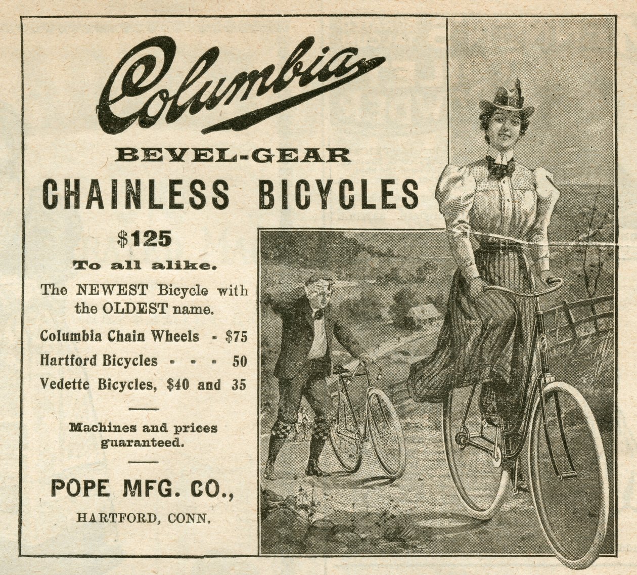 Columbia Bevel-Gear Chainless Bicycles, 1898 (gravering [magasinet tearsheet]) av American School