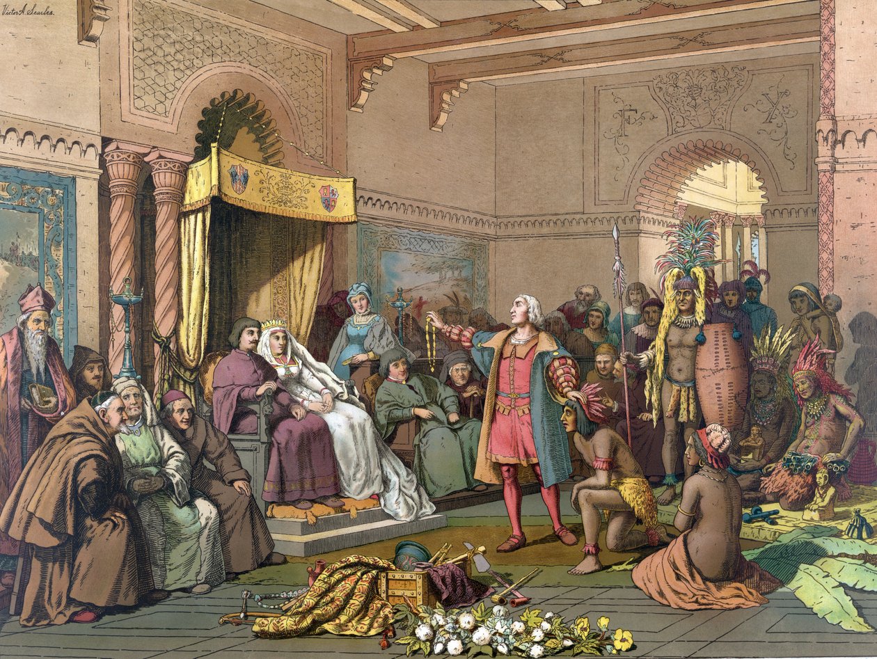 Columbus ved hoffet i Barcelona med indianere fra den nye verden, februar 1493, pub.1893 av American School