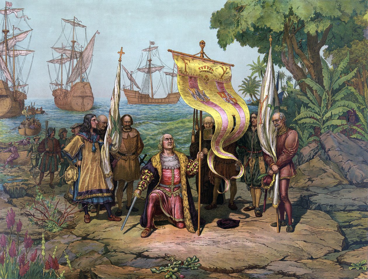 Columbus tar det nye landet i besittelse, pub.1893 (farget lito) av American School