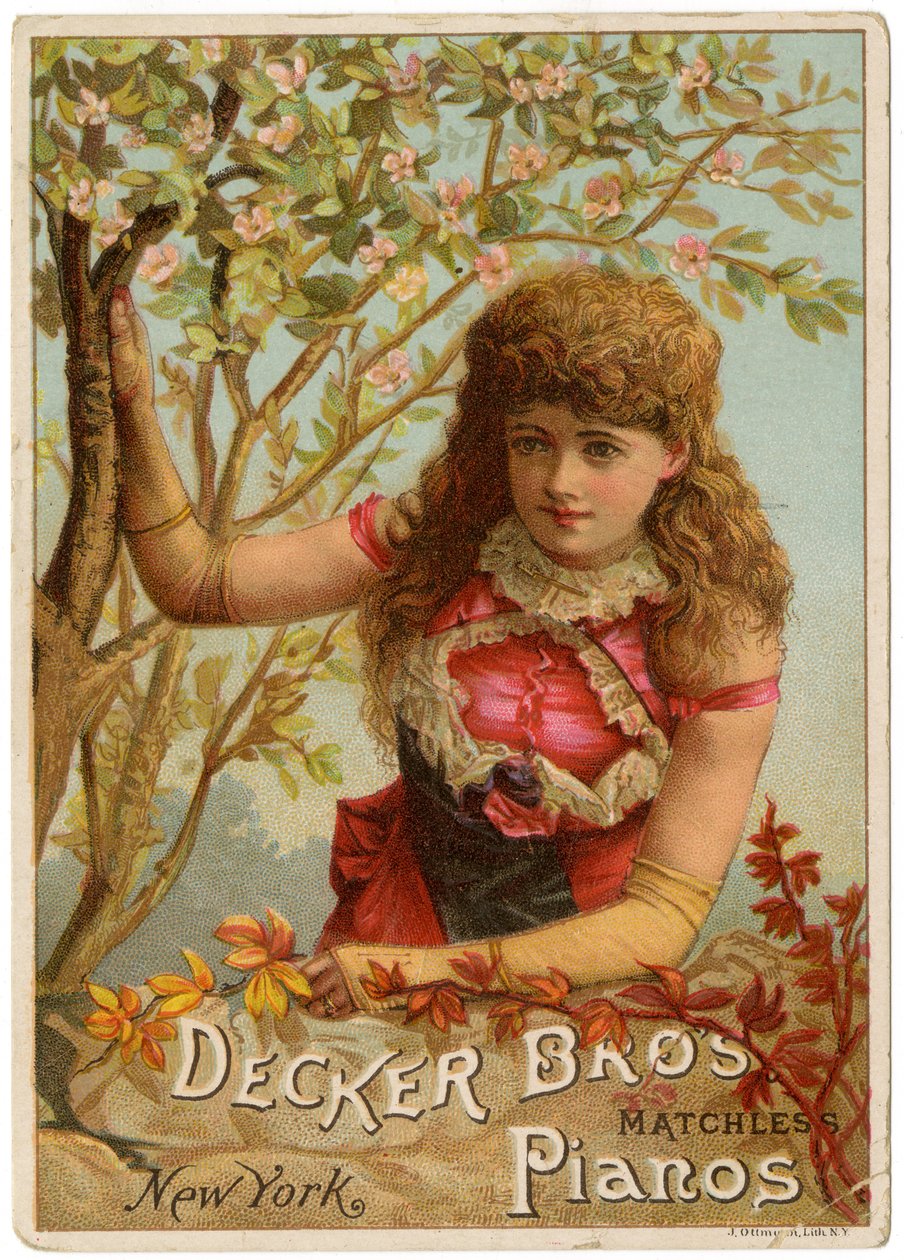Decker Bros. Matchless Pianos, New York [trade card recto] (farge litho [trade card]) av American School