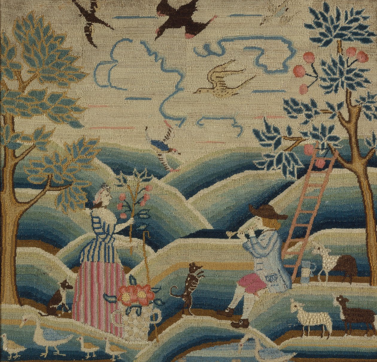 Brodert bilde, ca. 1740 (lin, ull og silke) av American School