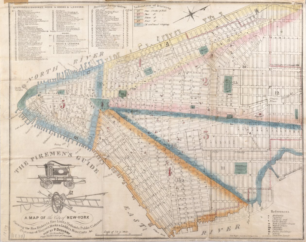 Firemans Guide - A Map of New York Showing Fire Districts, 1834 (svart blekk med fargevasketilsetninger på papir) av American School