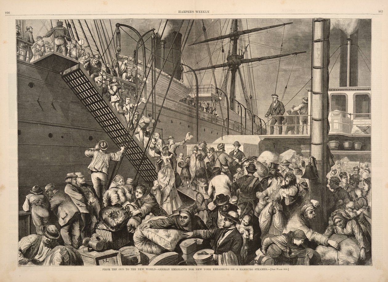 Fra den gamle til den nye verden - tyske emigranter for New York som går om bord på en Hamburg-dampbåt, fra Harpers Weekly, pub.1874 av American School