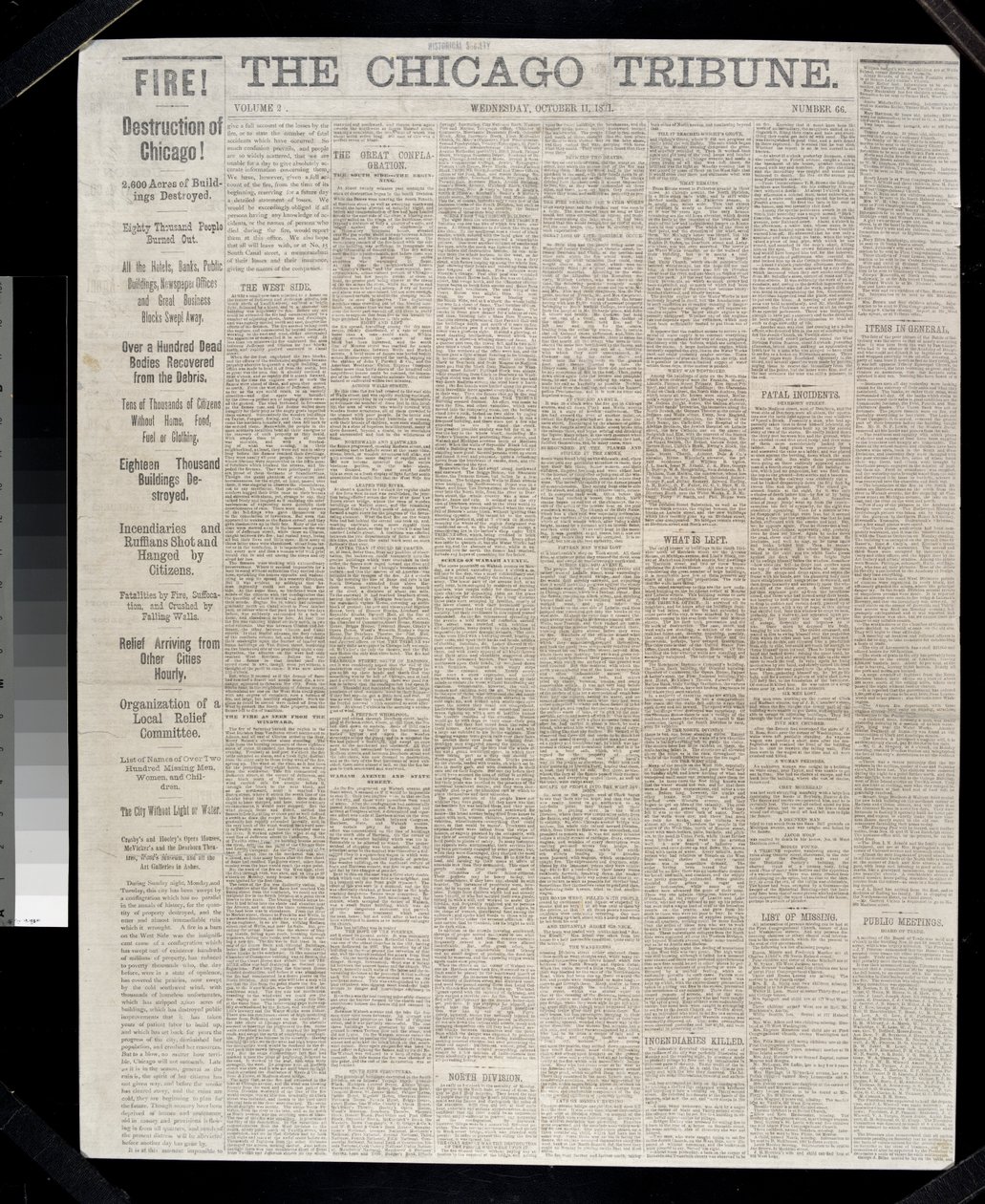 Forsiden av Chicago Tribune angående Chicago-brannen i 1871, 1871 av American School