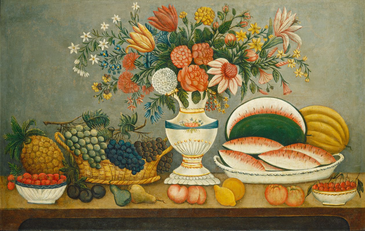 Frukt og blomster, ca. 1850 av American School