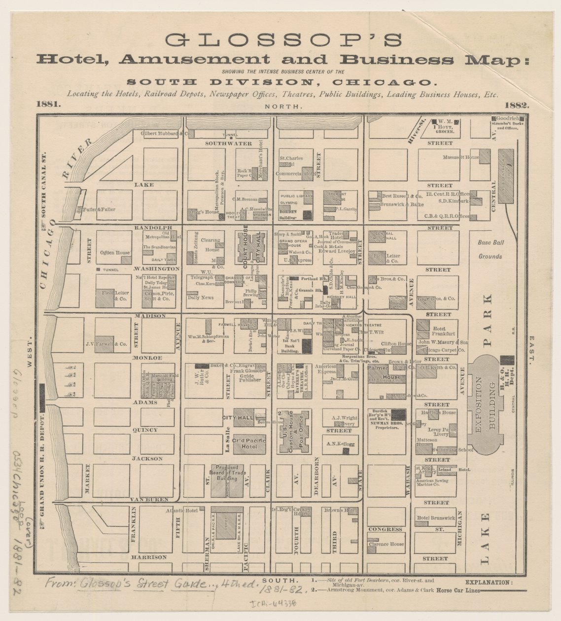 Glossops hotell-, fornøyelses- og forretningskart, ca. 1881-82 av American School