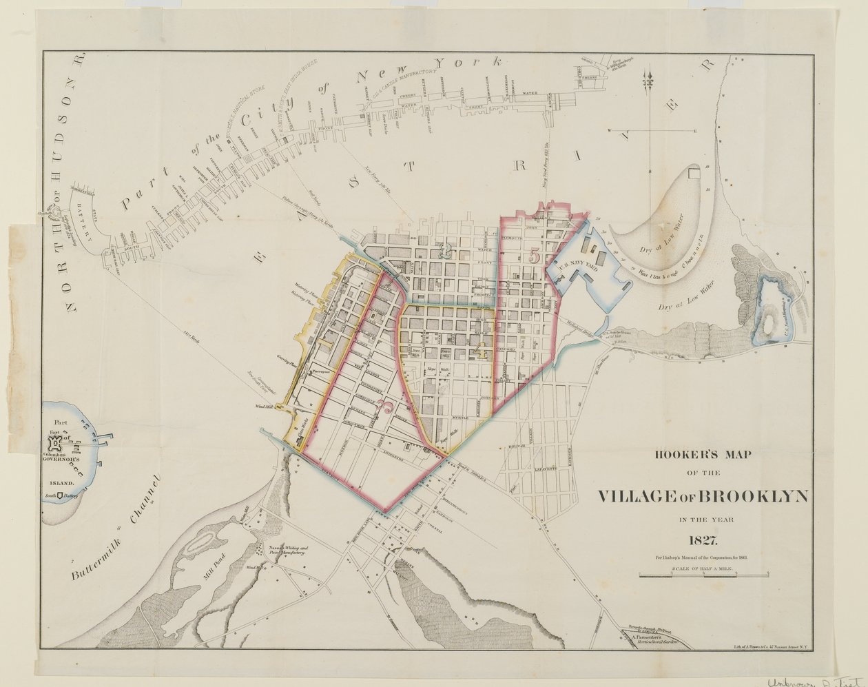 Hookers-kart over landsbyen Brooklyn, 1861 (gravering med wc) av American School