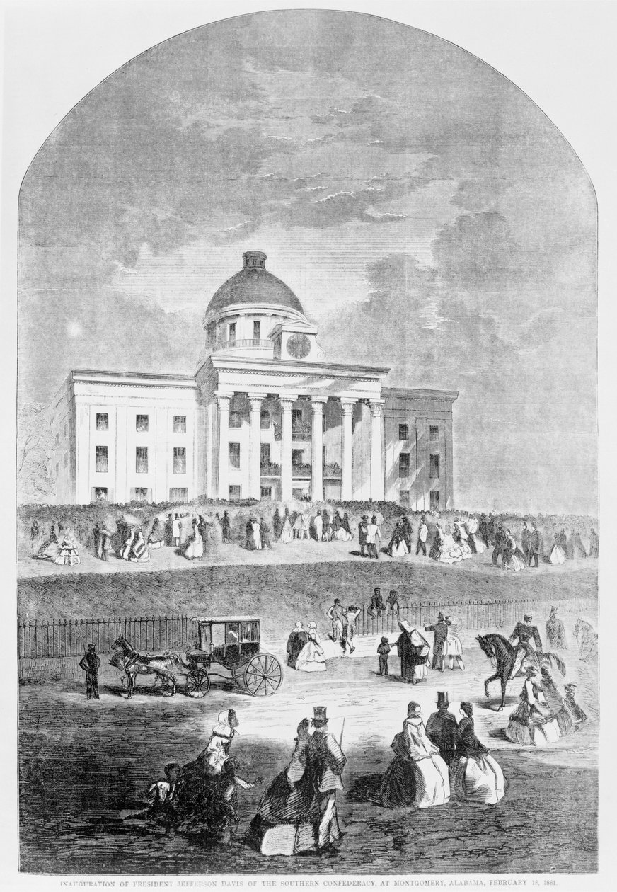 Innsettelse av president Jefferson Davis fra det sørlige konføderasjonen, på puben Montgomery, Alabama. av Harpers Weekly, 18. februar 1861 av American School