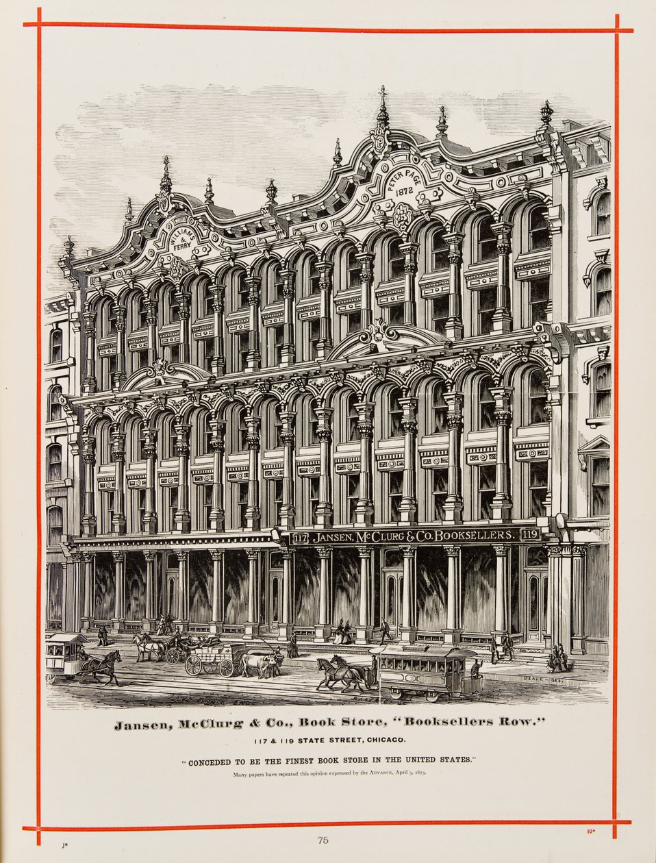Jansen, McClurg and Company bokhandel på 117 og 119 State St., Chicago. Illustrasjon i The Merchants and Manufacturers of Chicago Illustrated, 1873 av American School