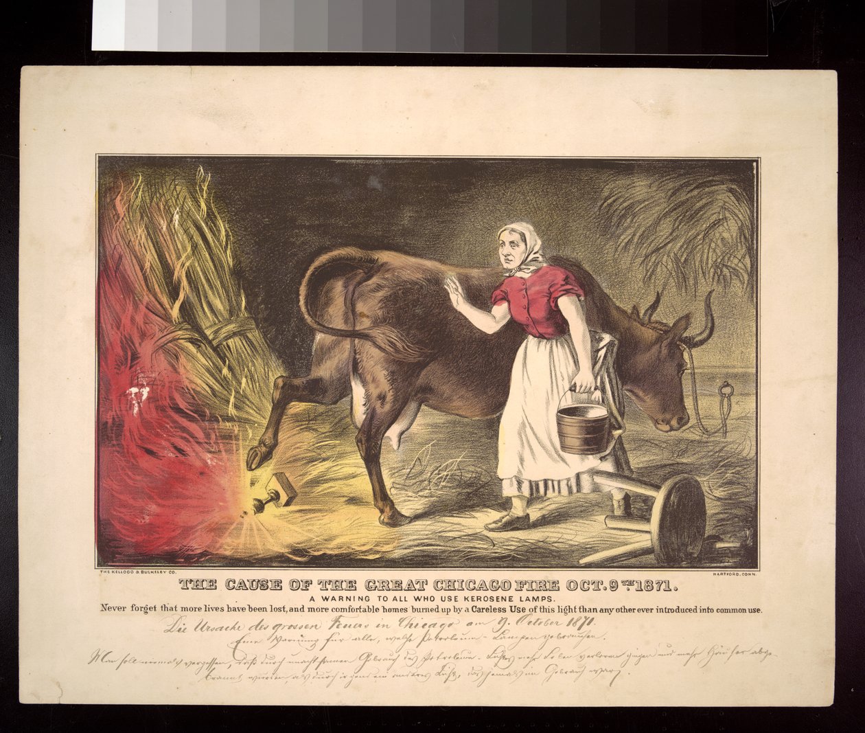 Kate OLeary med kua som banker over en lykt, den mytiske starten på Chicago-brannen i 1871, ca. 1872 av American School