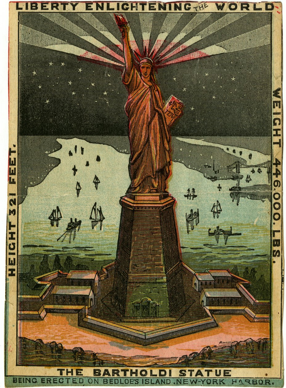 Liberty Enlightening the World, ca. 1880-tallet (farget tregravering) av American School