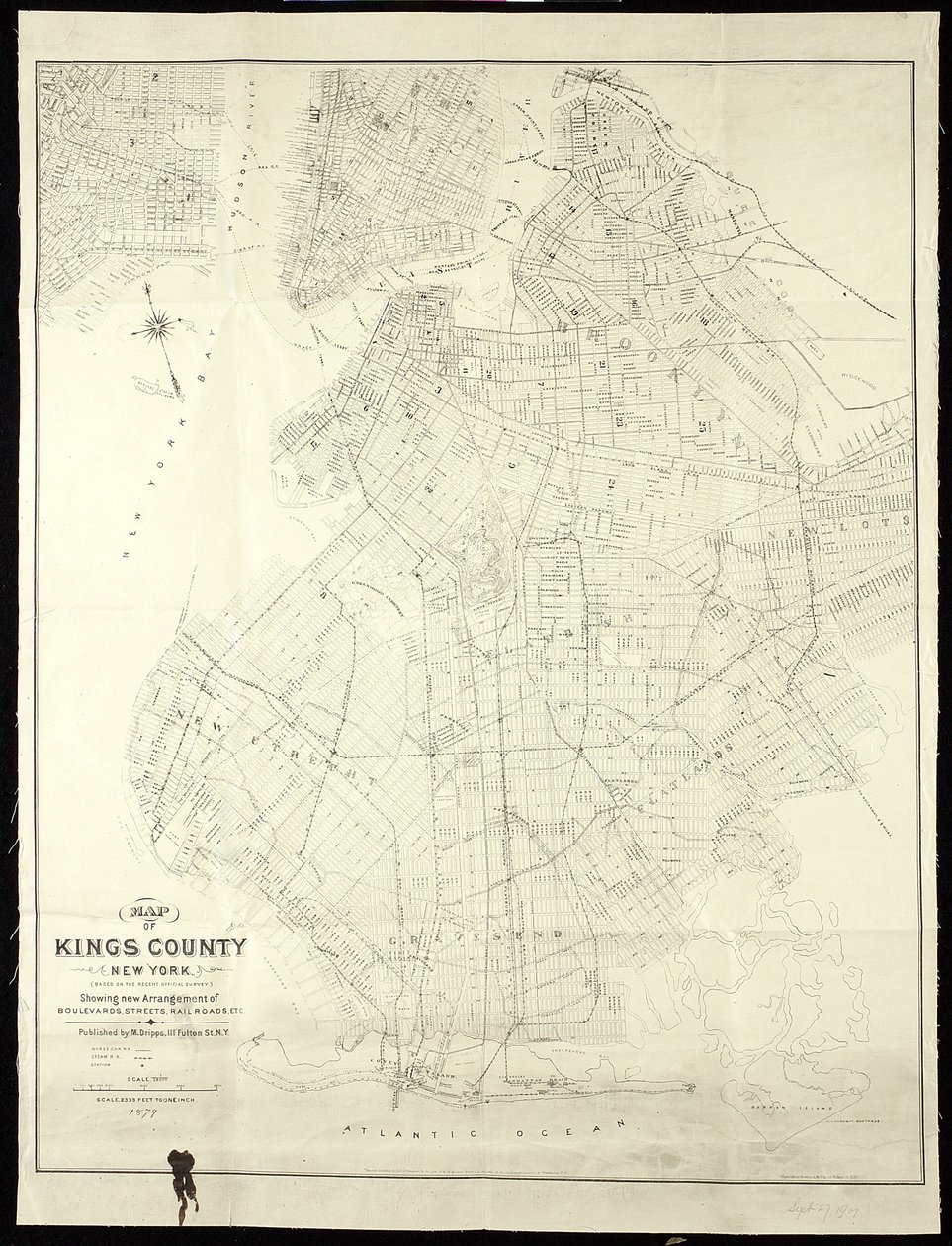 Kart over Kings County, New York, 1879, 1879 (svart blekk på papir, bakket med klut) av American School