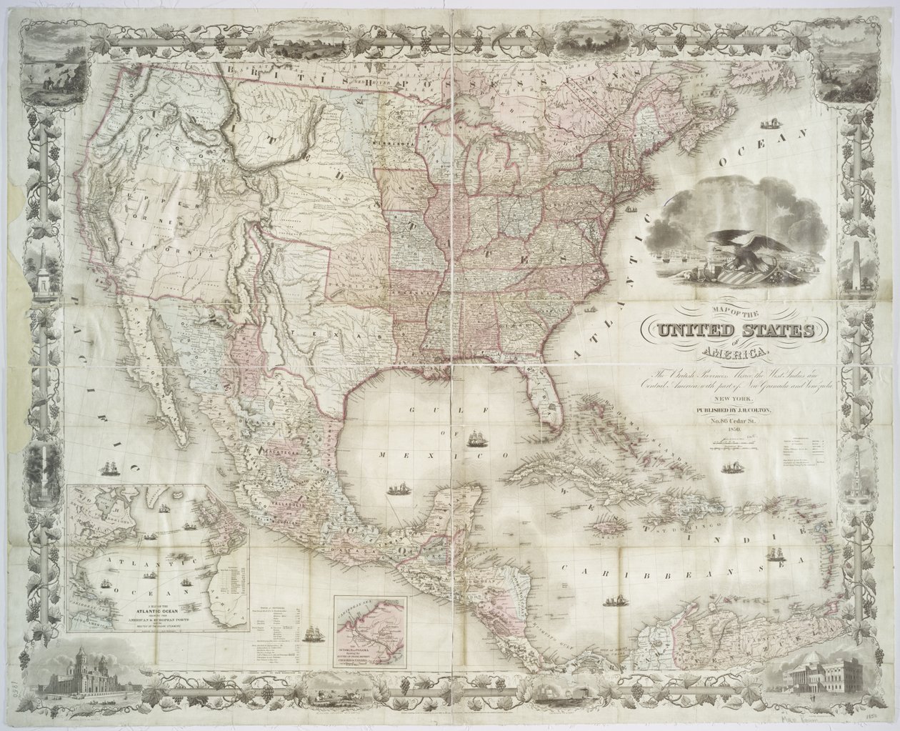 Kart over USA, britiske provinser, Mexico, Vest-India og Mellom-Amerika, 1850 (håndfarget trykk) av American School
