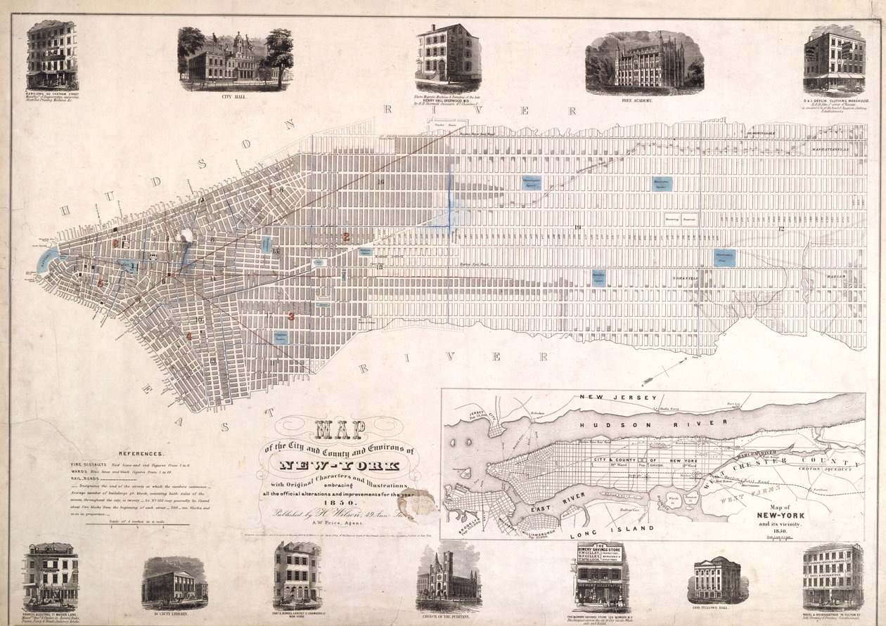 Kart over byen og fylket i New York med originale tegn og illustrasjoner, 1850, 1850 (svart blekk på papir, bakket med klut) av American School