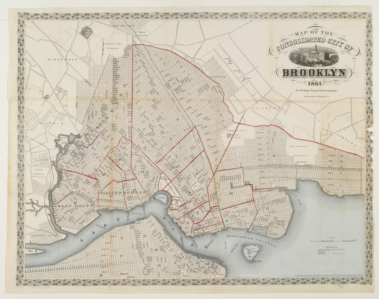 Kart over den konsoliderte byen Brooklyn, 1861 (gravering med wc) av American School