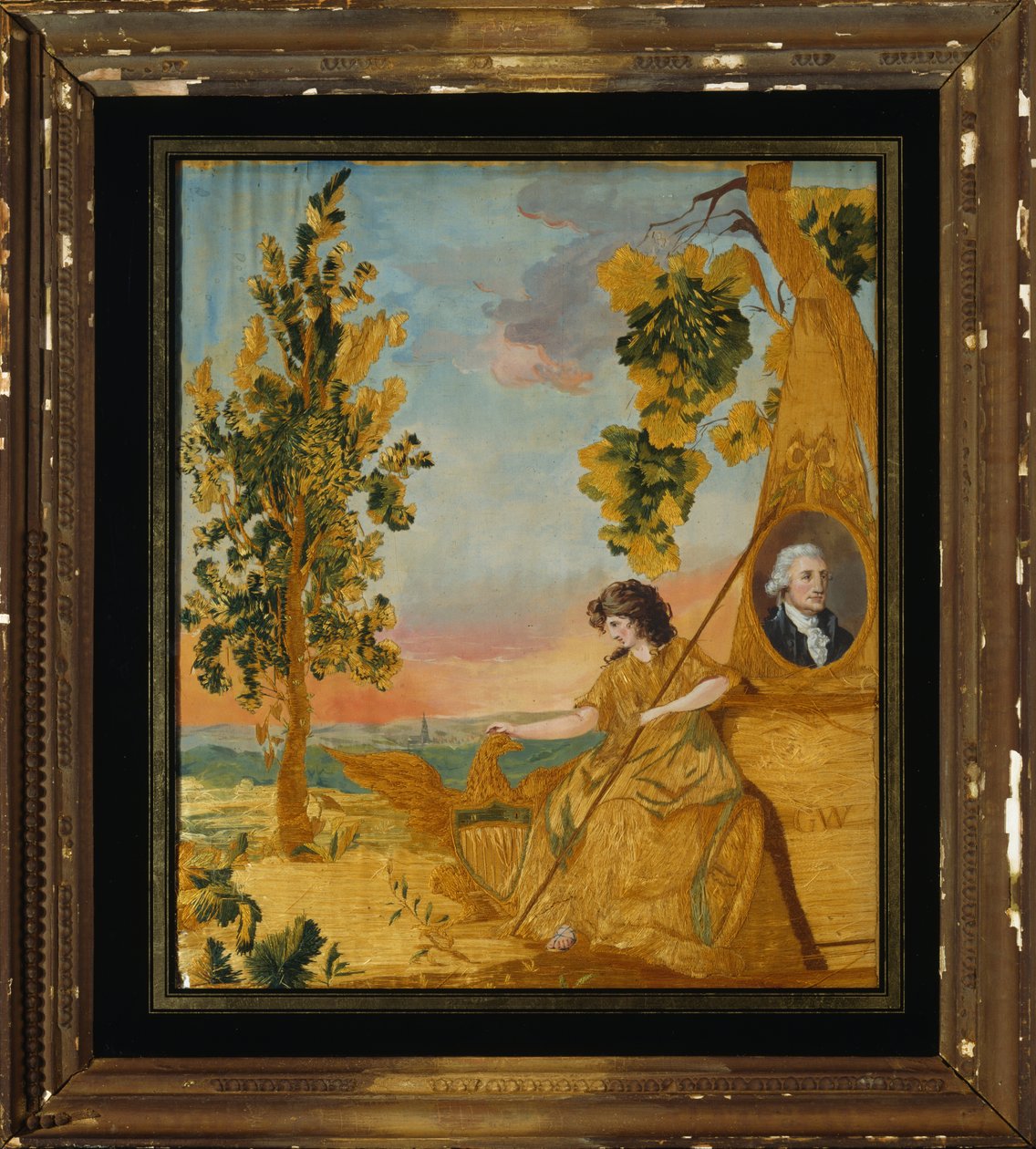 Brodert minnesbilde, ca. 1805-15 (silke, lin og wc) av American School