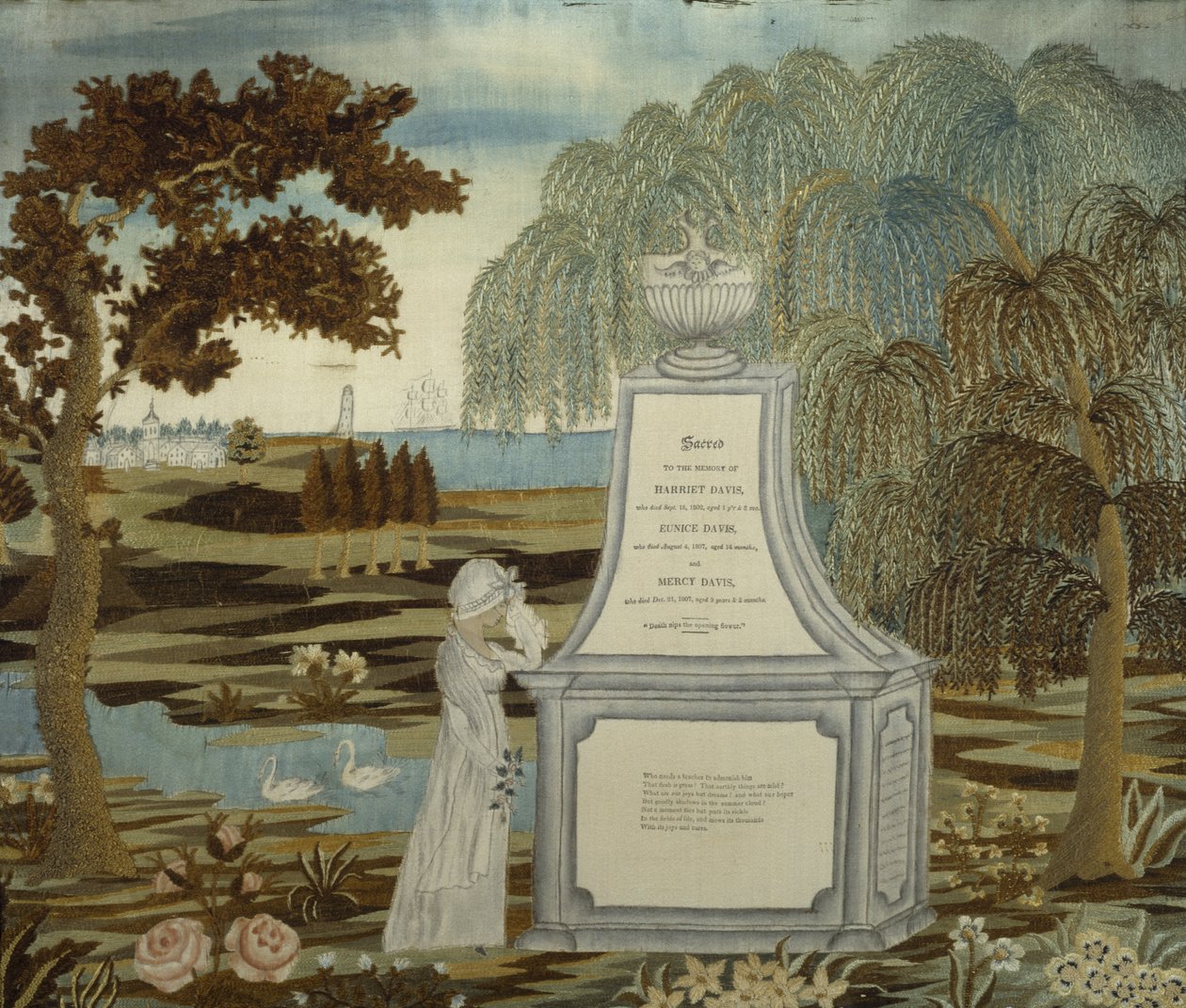 Brodert minnesbilde, datert 1807, arbeidet 1820-1826 (silke, blekk, papir og akvarell) av American School