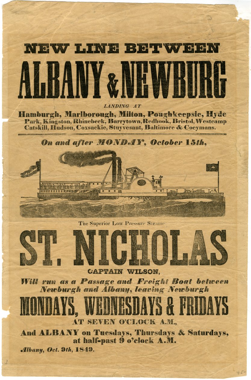 Ny linje mellom Albany og Newburg... The Superior Low Pressure Steamer St. Nicholas, 1849 (tregravering) av American School