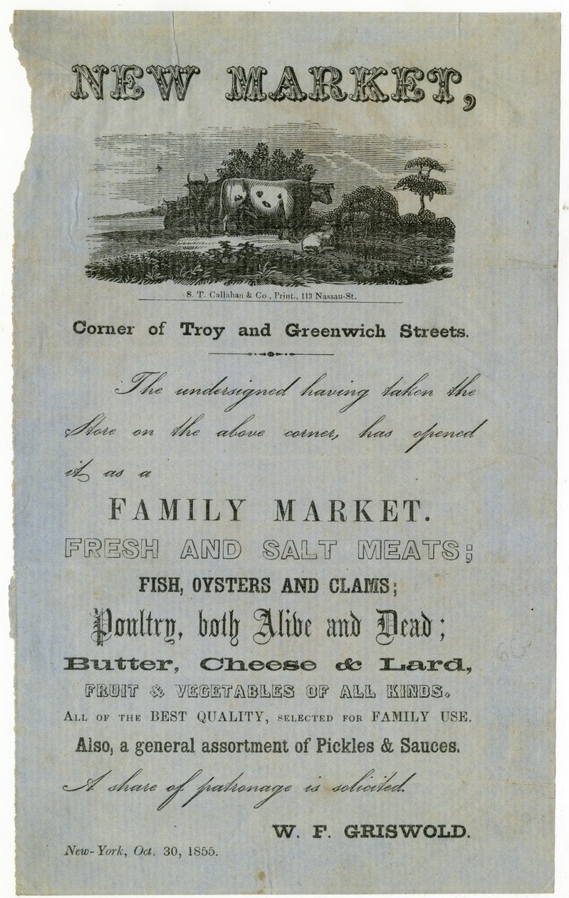 New Market, Corner of Troy and Greenwich Streets... Family Market., 1855 av American School