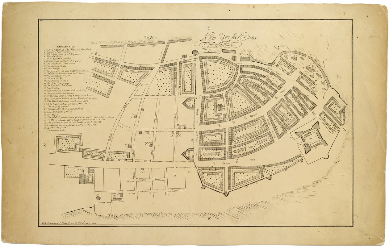 New Yorke 1695, 1846 (svart blekk på papir, støttet med papir) av American School