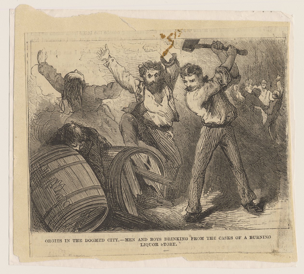Orgies in the Doomed City - Menn og gutter som drikker fra fatene til en brennende vinmonopol, 1871 av American School